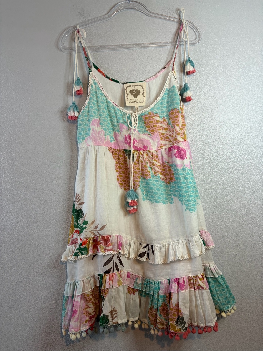 Z&L Europe Pom Pom Lace Babydoll Mini Dress Boho Festival Shoulder Tie Cotton L
